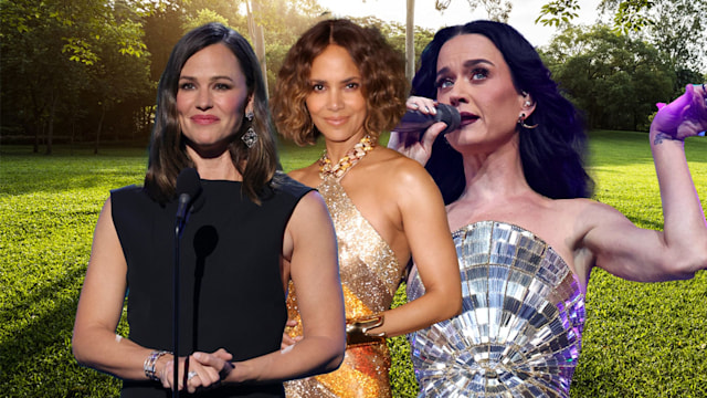 Halle Berry. Katy Perry and Jennifer Garner collage on a grass background