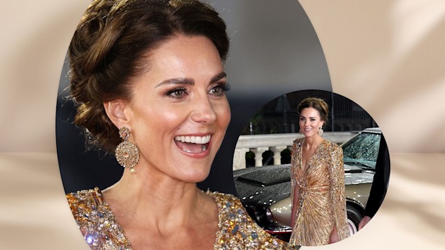 Kate Middleton wearing gold Jenny Packham dress to the Bond premiere