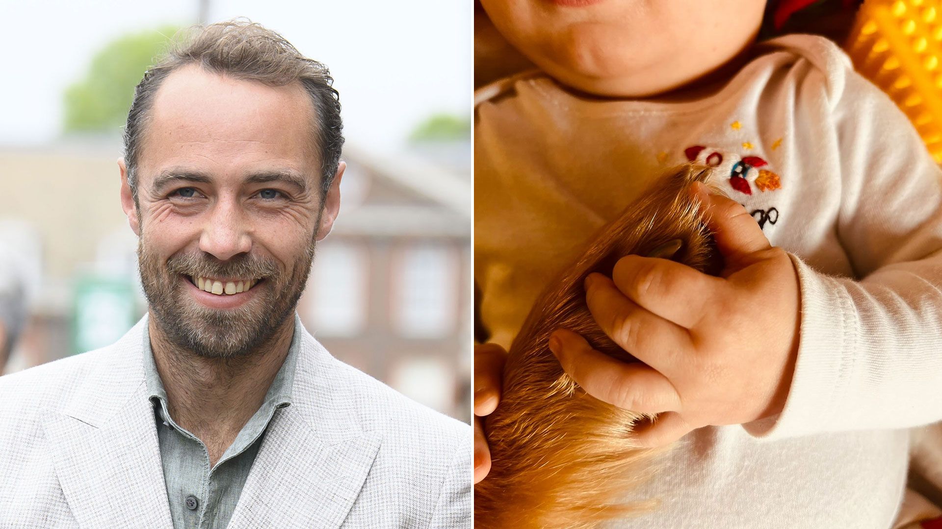 james middleton smiling beside photo of baby's hand holding dog paw