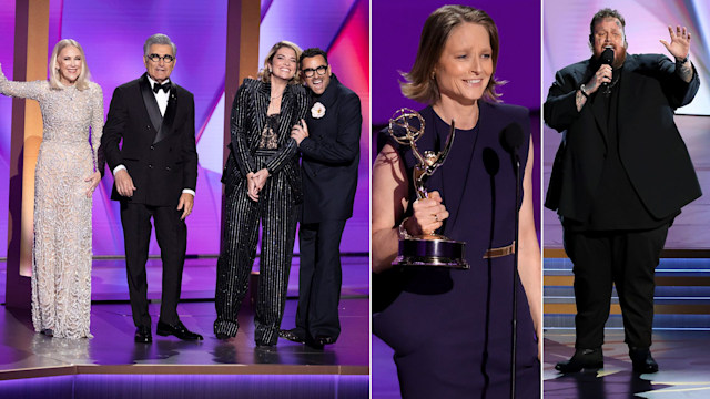 Split image of the Schitt's Creek reunion, Jodie Foster's win and Jelly Roll's performance