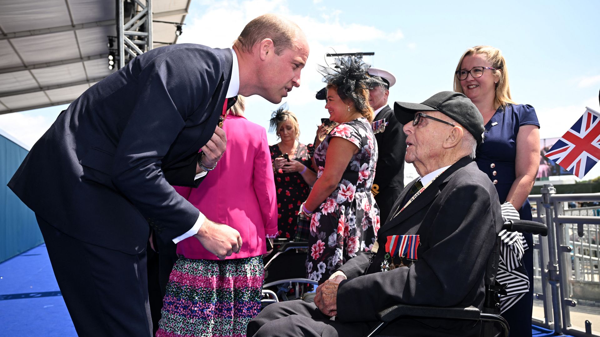 Prince William greets D-Day veteran Roy Hayward, following the UK's national commemorative event to mark the 80th anniversary commemorations of the Allied amphibious landing