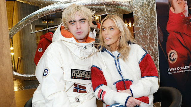 Lennon Gallagher and Patsy Kensit sit next to each other at FLANNELS X on October 3, 2024 in London, England