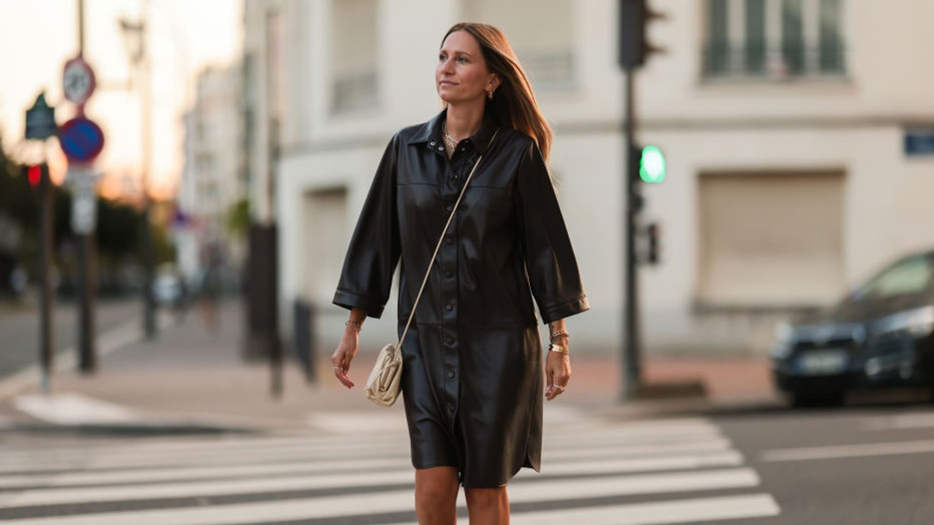 Leather dresses during fashion week