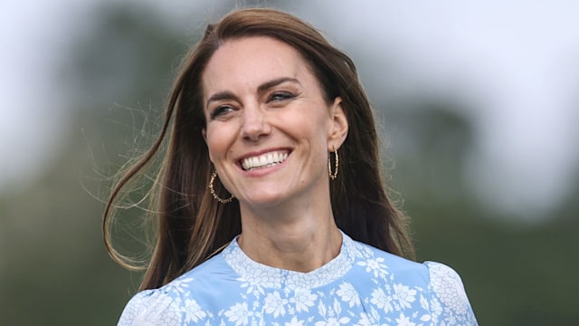 Kate Middleton laughing as she joined Prince William, Prince of Wales during the Out-Sourcing Inc. Royal Charity Polo Cup 2023 at Guards Polo Club on July 06, 2023 in Egham, England. 