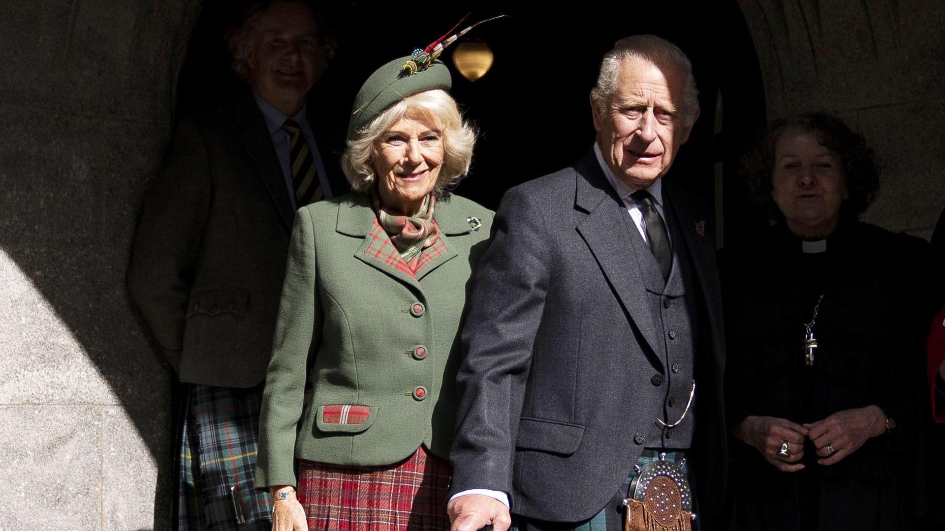 CRATHIE, ABERDEENSHIRE - SEPTEMBER 7: King Charles III and Queen Camilla arrive to attend a Sunday church service at Crathie Kirk, near Balmoral on September 7, 2025 in Crathie, Aberdeenshire. (Photo by Aaron Chown - Pool / Getty Images)