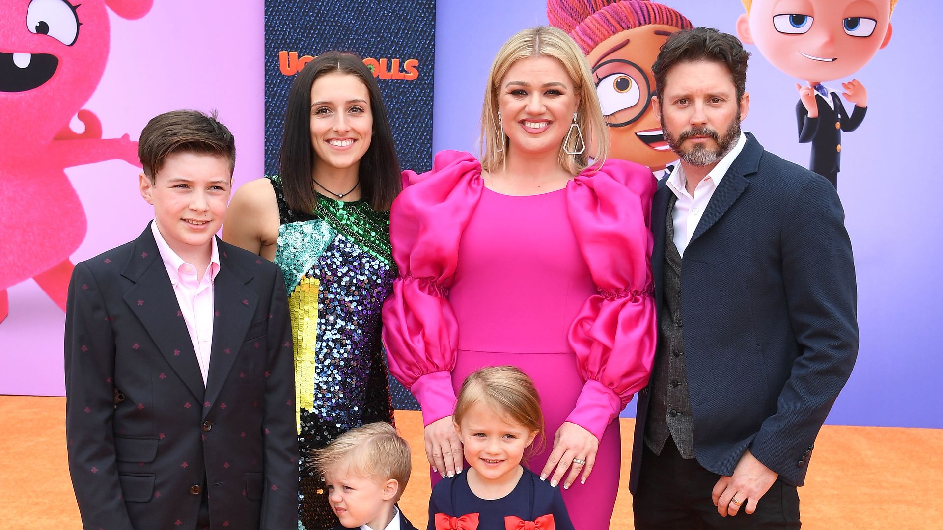 Seth Blackstock, Remington Alexander Blackstock, Savannah Blackstock, Kelly Clarkson, River Rose Blackstock, and Brandon Blackstock  arrives at the STX Films World Premiere Of "UglyDolls"  at Regal Cinemas L.A. Live on April 27, 2019 in Los Angeles, California