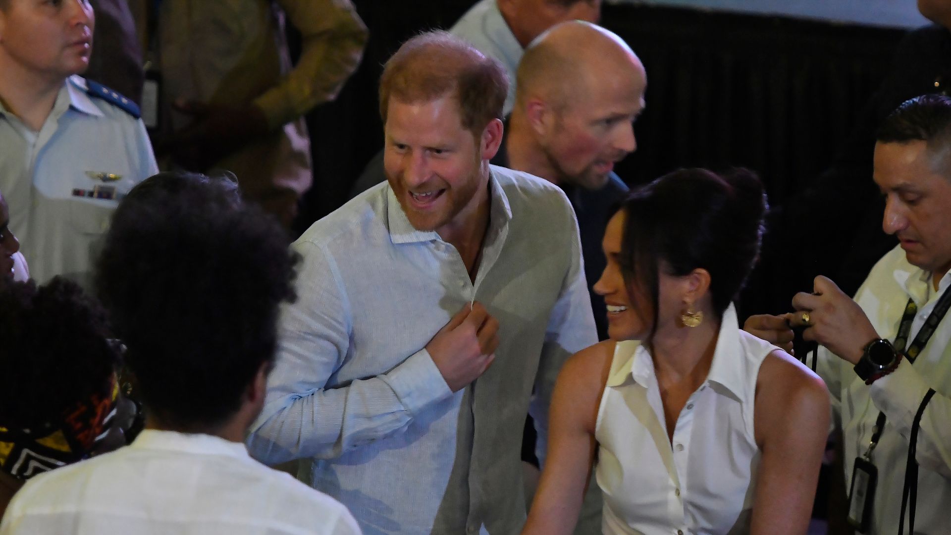 Prince Harry, Duke of Sussex, and Meghan, Duchess of Sussex are seen at the Afro Women and Power Forum at the Municipal Theater of Cali during a visit around Colombia on August 18, 2024 in Cali, Colombia.