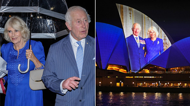 A split image of King Charles and Queen Camilla and the Sydney Opera House 