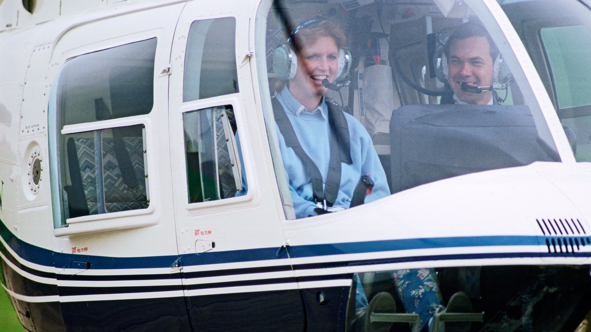 Sarah Ferguson flying a helicopter
