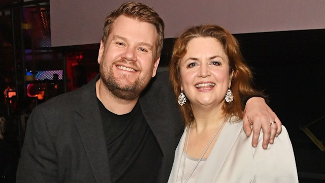 A close-up photo of James Corden and Ruth Jones 