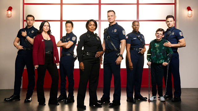 Oliver Stark as Evan ÒBuckÓ Buckley, Jennifer Love Hewitt as Maddie Kendall, Kenneth Choi as Howie ÒChimneyÓ Han, Angela Bassett as Athena Grant, Peter Krause as Bobby Nash, Aisha Hinds as Henrietta ÒHenÓ Wilson, Gavin McHugh as Christopher Diaz, and Ryan Guzman as Eddie Diaz. (Disney/Justin Stephens)
