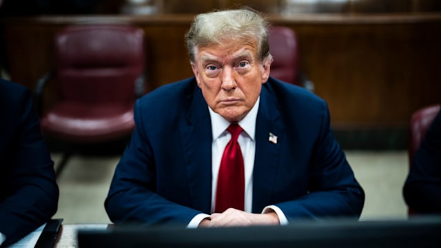 Former U.S. President Donald Trump appears ahead of the start of jury selection at Manhattan Criminal Court on April 15, 2024 in New York City. Former President Donald Trump faces 34 felony counts of falsifying business records in the first of his criminal cases to go to trial