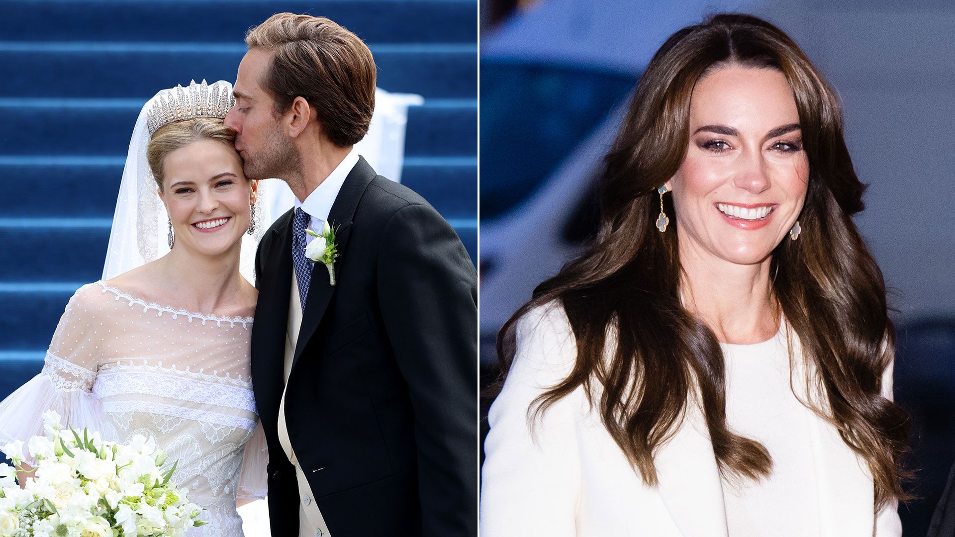 Princess Kate in white beside photo of groom kissing  Princess Marie Caroline on cheek