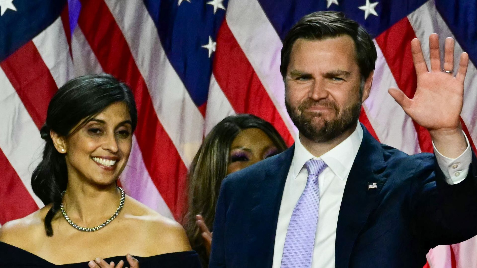 Republican vice presidential candidate J.D. Vance and his wife Usha Vance attend an election night event with former US President and Republican presidential candidate Donald Trump at the West Palm Beach Convention Center in West Palm Beach, Florida, early on November 6, 2024.
