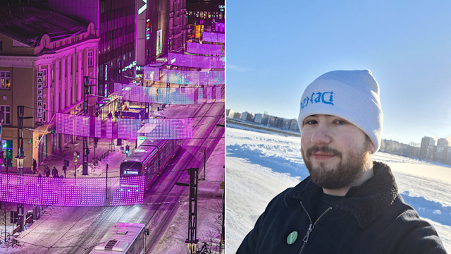 Split image of Tampere illuminated in pink and purple and a man with facial hair