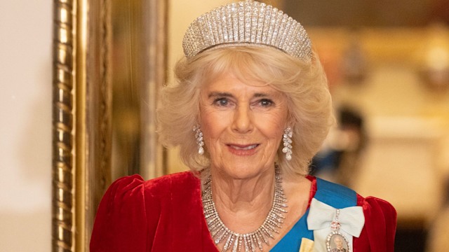 Queen Camilla attends the state banquet for the Emir of Qatar Sheikh Tamim bin Hamad Al Thani at Buckingham Palace during day one of The Amir of the State of Qatar's visit to the United Kingdom on December 3, 2024 in London