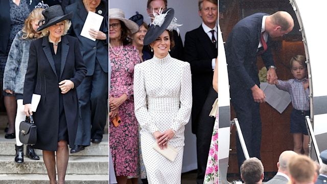 Split image of Queen Camilla in hosiery, Princess Kate curtseying and Prince William and Prince George on a plane