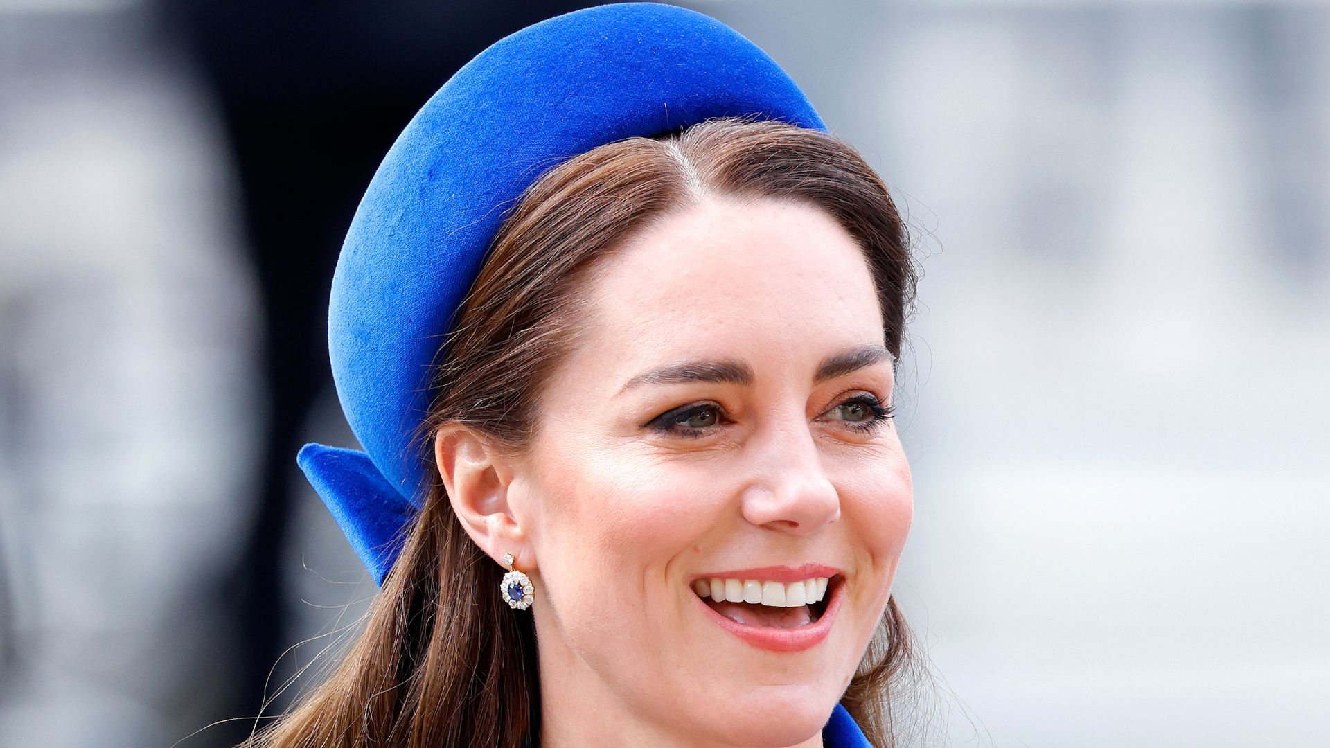 Kate Middleton wearing a blue dress and sapphire earrings at the Commonwealth Day service 2022