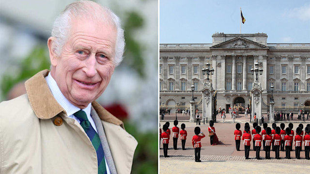 A split image of King Charles and Buckingham Palace