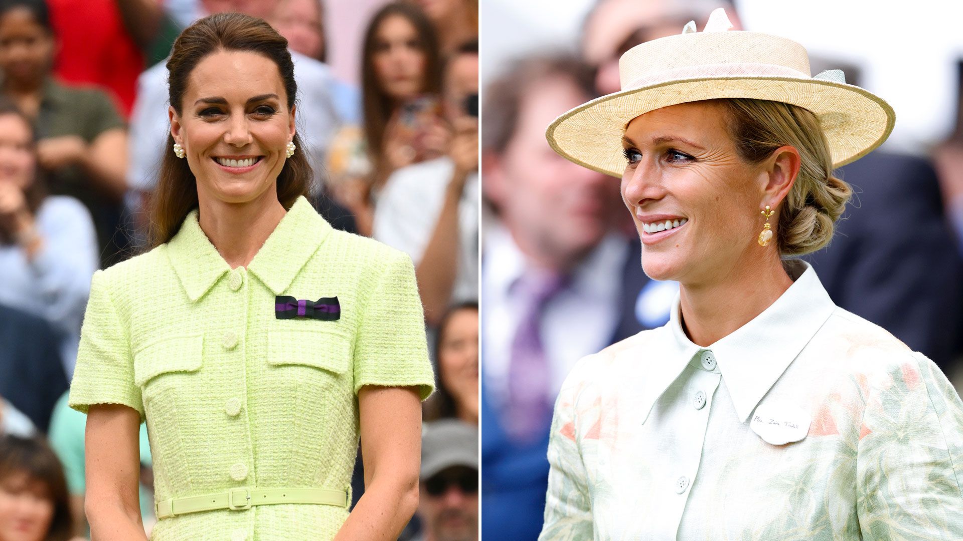 kate middleton in green split with picture of zara tindall with hat