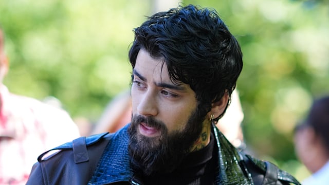 Zayn Malik wears dark brown bomber leather jacket, black shirt, outside Off-White, during the New York Fashion week Spring/Summer 2025 on September 08, 2024 in New York, New York.
