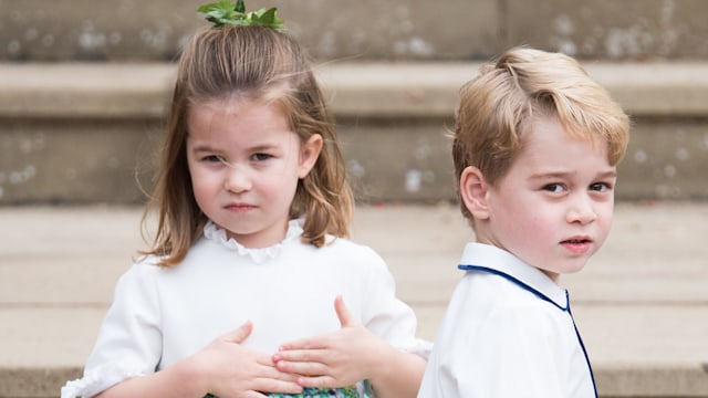 Princess Charlotte of Cambridge and Prince George of Cambridge attend the wedding of Princess Eugenie