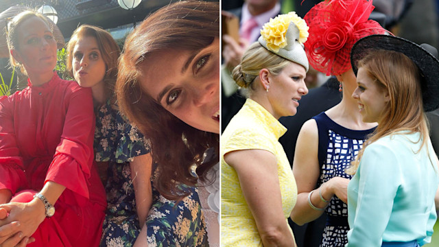 A split image of Zara, Beatrice and Eugenie and Zara and Beatrice