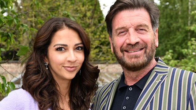 Katie Dadzie in a yellow dress with Nick Knowles in a striped jacket