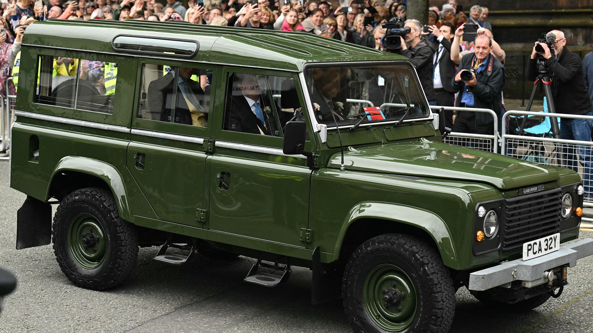 The 7th Duke of Westminster arrived at Chester Cathedral in a dark green Land Rover Defender