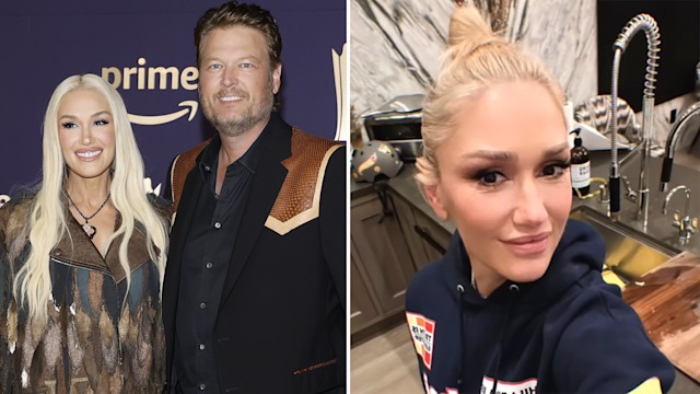 Split image showing Blake Shelton and Gwen Stefani and Gwen in her kitchen