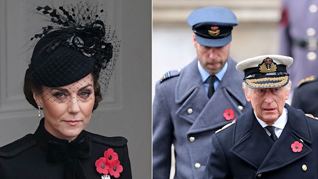 split image of kate with king charles and prince william