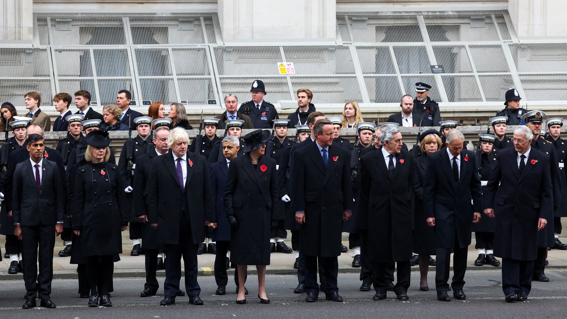 (L-R) British former Prime Ministers Rishi Sunak, Liz Truss, Boris Johnson, Theresa May, David Cameron, Gordon Brown, Tony Blair and John Major attend the annual Service Of Remembrance at The Cenotaph