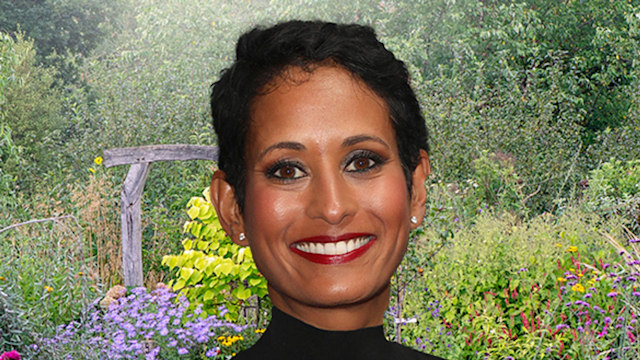 Naga Munchetty smiling in front of a generic garden image