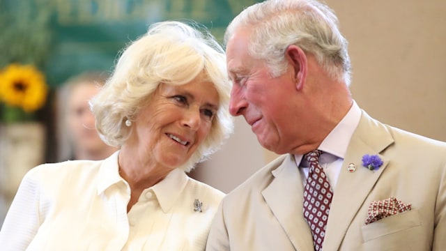 A photo of King Charles and Queen Camilla smiling at each other