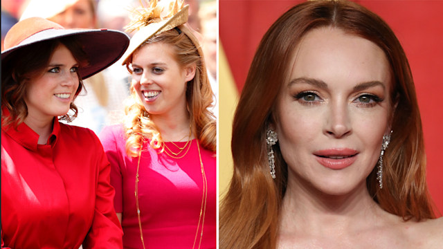 A split image of Princess Beatrice and Eugenie and Lindsay Lohan 