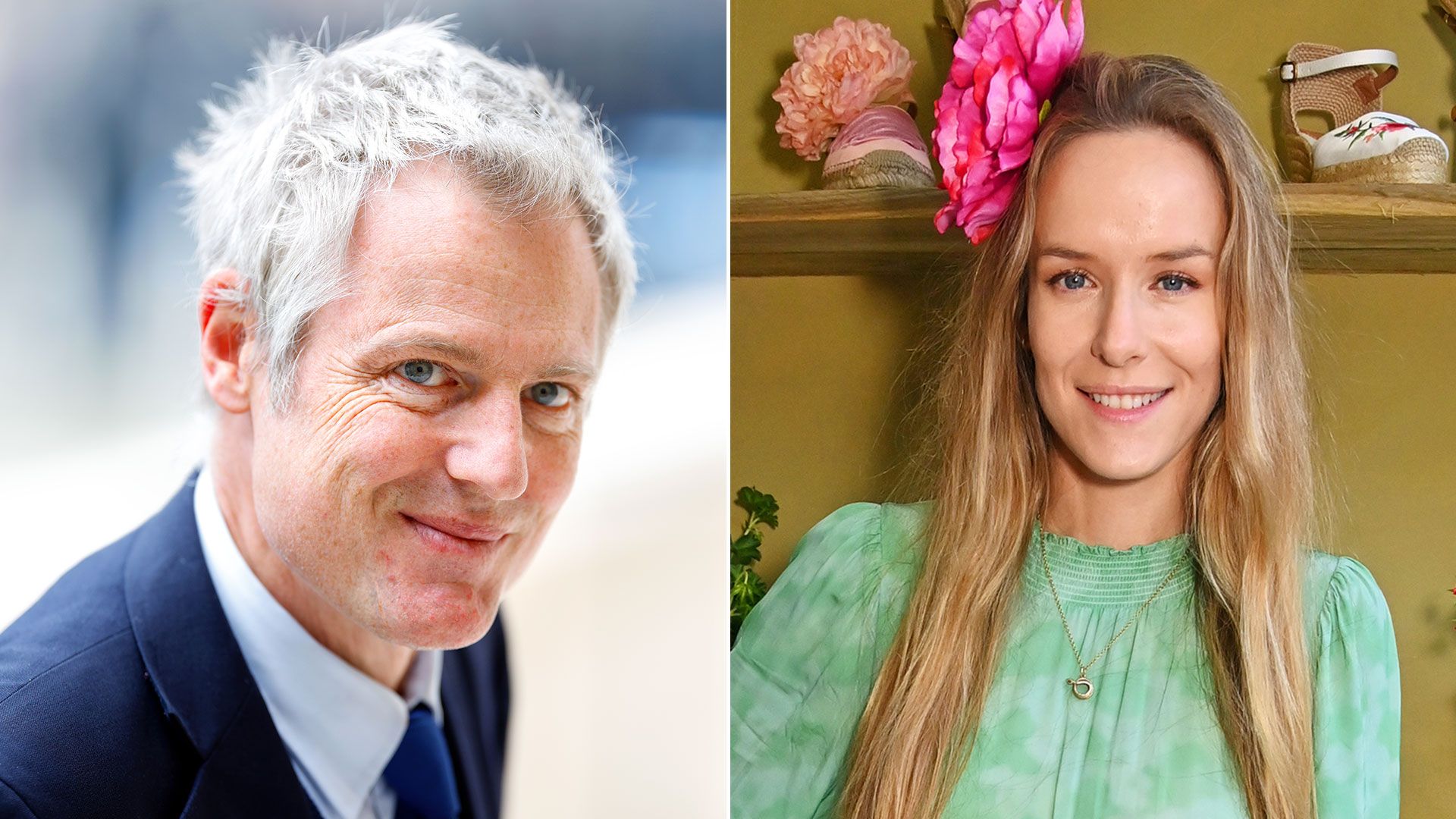 zac goldsmith in navy suit beside photo of hum fleming in green dress with pink fascinator