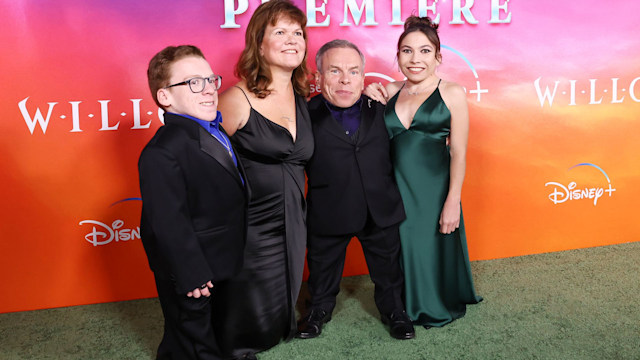 Warwick Davis, Annabelle Davis and family at the "Willow" series premiere held at Regency Villa Theatre on November 29, 2022 in Los Angeles, California