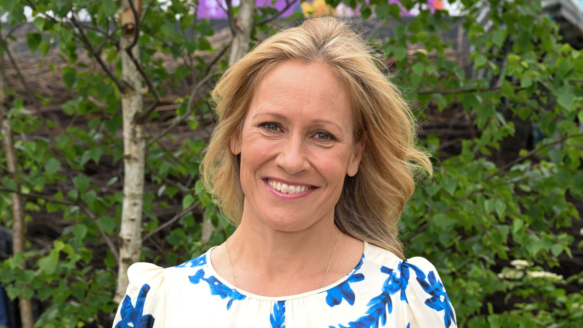 Sophie Raworth in a white floral dress
