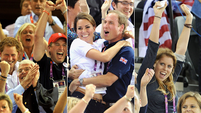 Prince Harry, Peter Phillips, Prince William, Kate and Princess Beatrice cheering at London 2012 Olympics