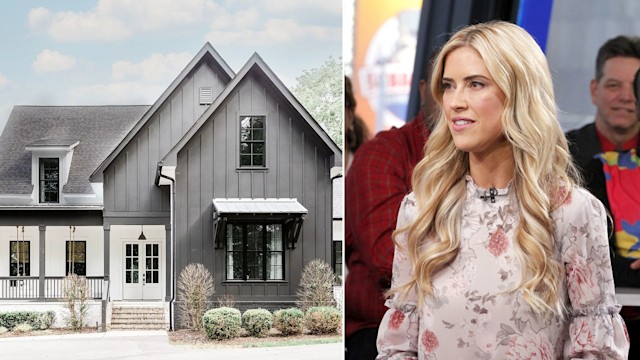 HGTV star Christina Hall (right) next to a picture of her Tennessee farmhouse o