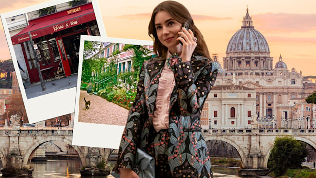 An image of Lily Collins, who plays Emily Cooper, surrounded by images of Rome, Claude Monet's house and the Terra Nera cafe in Paris