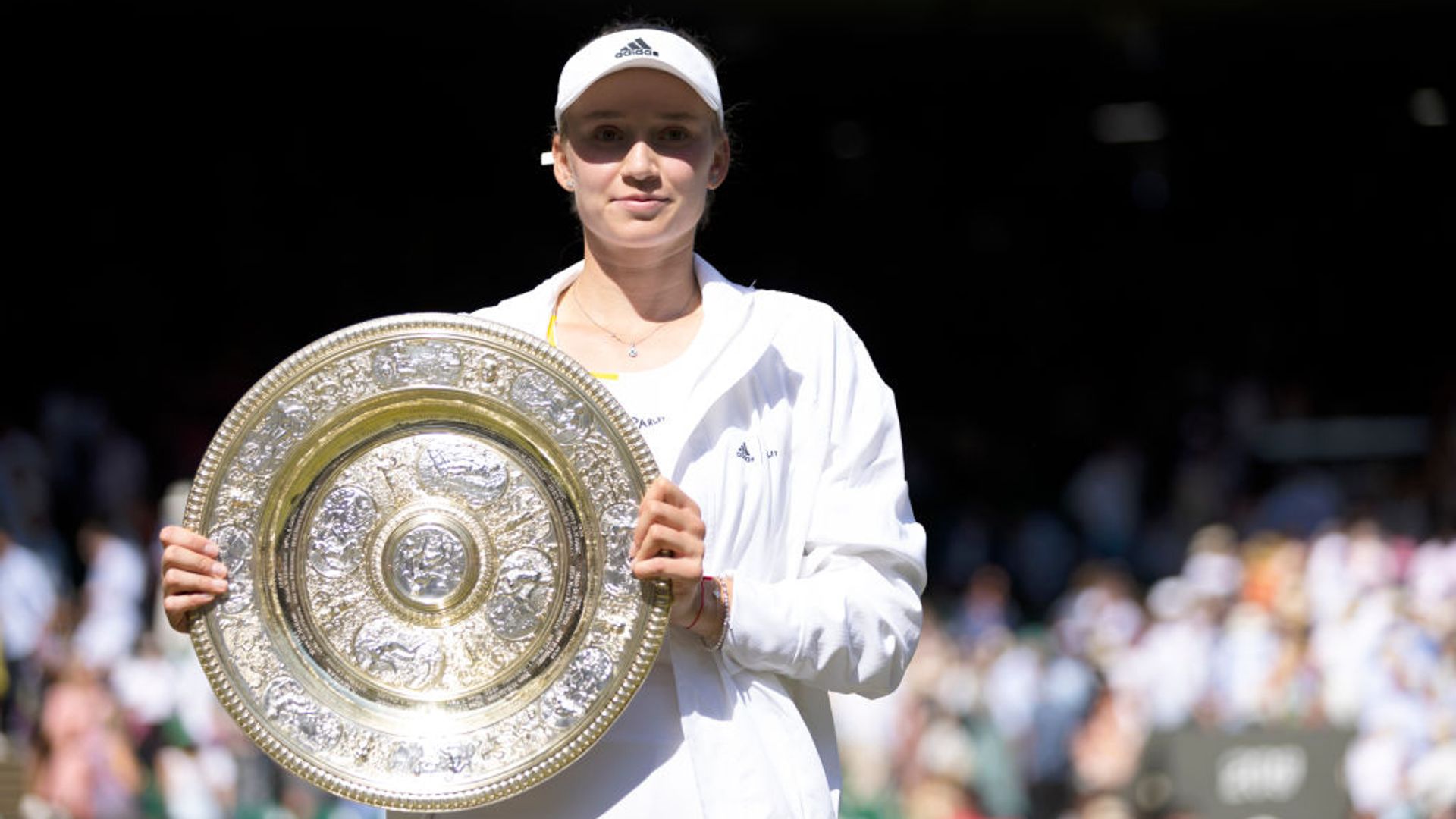 Elena Rybakina of Kazakhstan with the winners trophy after defeating Ons Jabeur of Tunisia in the Women's Singles Final at The Wimbledon Lawn Tennis Championship