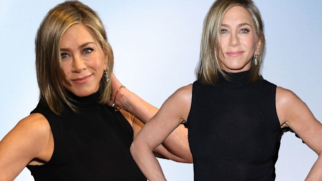 jennifer aniston twice on blue backdrop