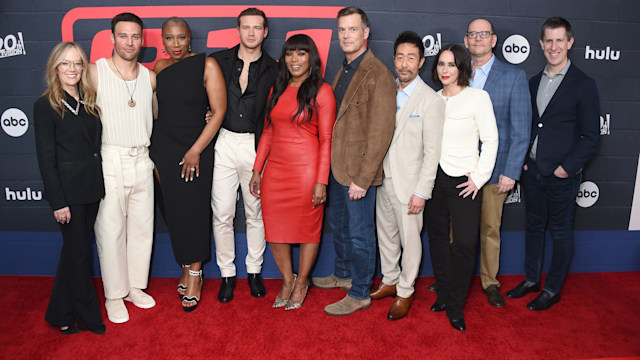 Karey Burke, Ryan Guzman, Aisha Hinds, Oliver Stark, Angela Bassett, Peter Krause, Kenneth Choi, Jennifer Love Hewitt, Tim Minear and Craig Erwich at the "9-1-1" ABC premire event held at Spring Place on March 11, 2024 in Beverly Hills, California. (Photo by Gregg DeGuire/Variety via Getty Images)