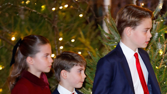 Princess Charlotte of Wales, Prince Louis of Wales and Prince George in red and navy outfits