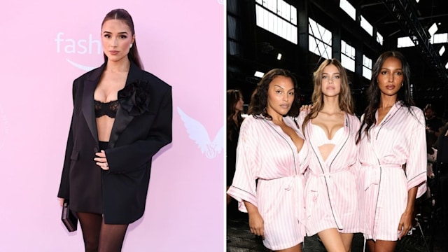 Left Image: Olivia Culpo stands confidently against a soft pink backdrop. She wore an oversized black blazer with a black lace bra peeking through, paired with sheer black tights and sharp black heels. Her sleek hair was styled back, giving a sophisticated, modern look.  Middle Image: Three models, Ashley Graham, Barbara Palvin, and Jasmine Tookes, posed backstage in matching pink and white striped Victoria's Secret robes. All three women showcased diverse body types and skin tones, adding to the inclusive energy of the event. They smiled warmly, exuding camaraderie.  Right Image: Tefi Pessoa wore a bold, all-black lace outfit that was sheer and intricately detailed, exuding both sensuality and elegance. The long, transparent lace robe revealed a black bra and high-waisted underwear underneath. She posed confidently on the iconic pink carpet.