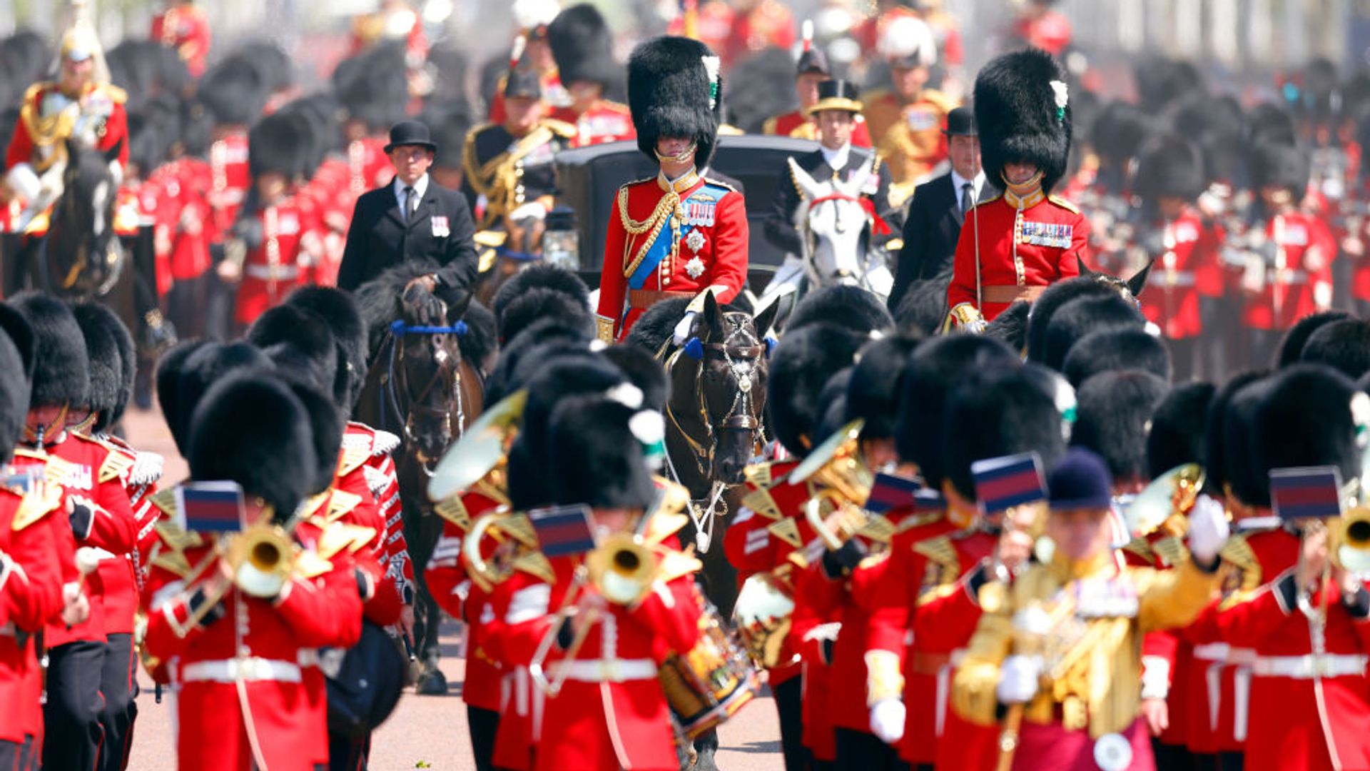 Soldiers walking in the Trooping the Colour parade. 