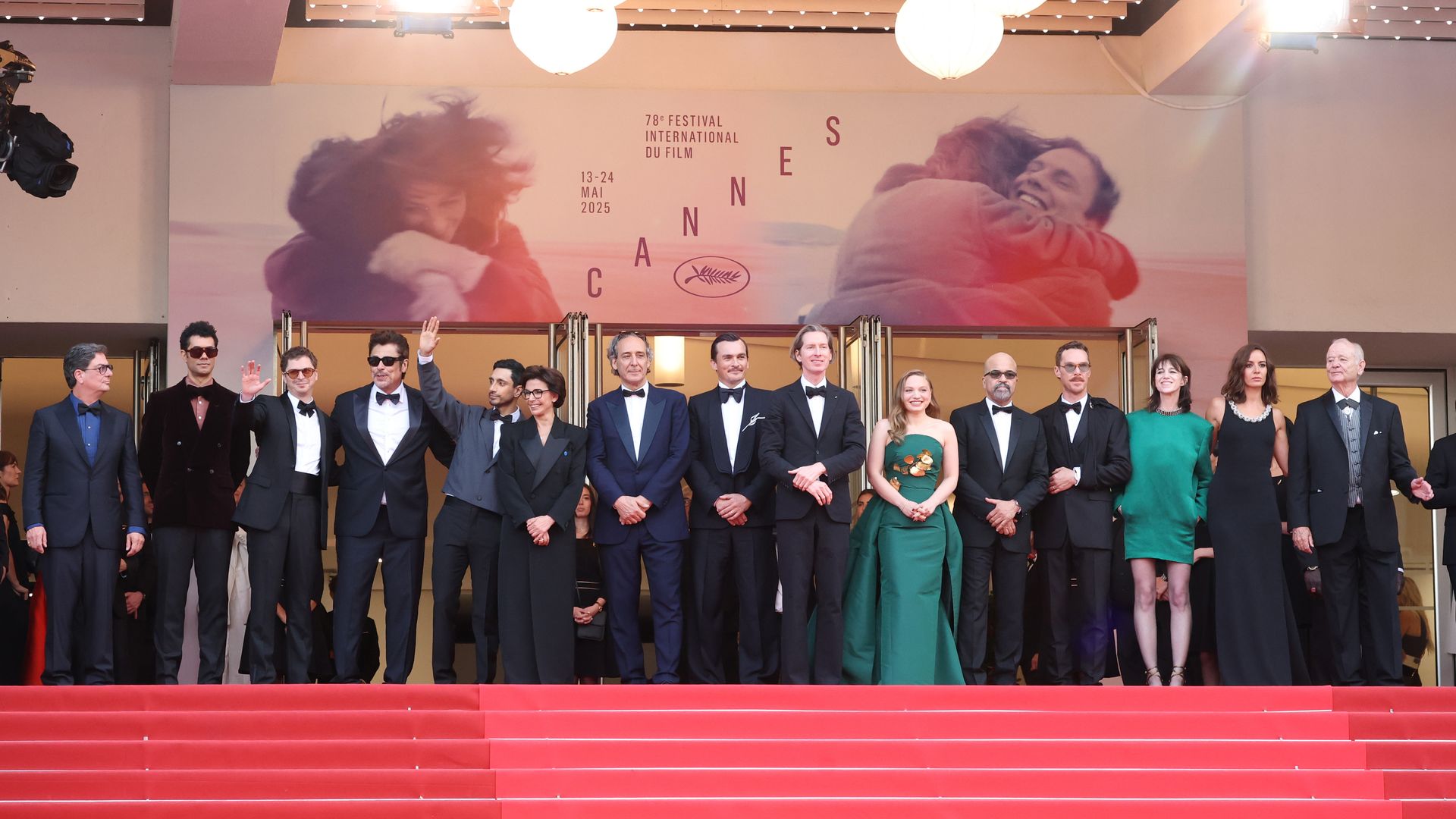 Roman Coppola, Richard Ayoade, Michael Cera, Benicio del Toro, Riz Ahmed, Rachida Dati, Alexandre Desplat, Rupert Friend, Wes Anderson, Mia Threapleton, Jeffrey Wright, Benedict Cumberbatch, Charlotte Gainsbourg, Antonia Desplat and Bill Murray attend the "The Phoenician Scheme" red carpet at the 78th annual Cannes Film Festival at Palais des Festivals on May 18, 2025 in Cannes, France.