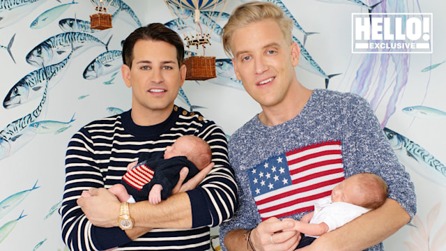 Ollie Locke and Gareth cradle their twin babies in HELLO! shoot