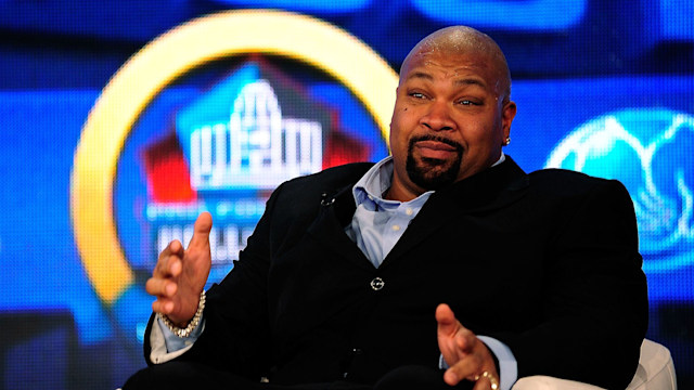 Former NFL player Larry Allen becomes emotional after being elected into the Pro Football Hall of Fame during the Pro Football Hall of Fame Press Conference at the New Orleans Convention Center on February 2, 2013 in New Orleans, Louisiana